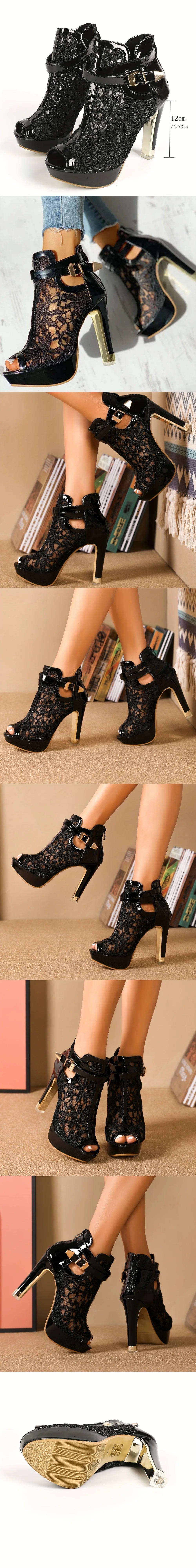 Summer Party Ankle Booties Black High Heels Platform Sandals Women Peep Toe Elegant Lace White Wedding Bridal Dress Shoes