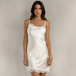 Women's Summer Satin Mini Dress Elegant Solid Color Lace Trimmed Sleeveless Spaghetti Strap Dresses for Party Date Night Wear