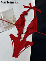 Pink Red Bather Bathing Suit Swim 3D Flower Deep V Neck One Piece Swimsuit Women Swimwear Female High Cut Leg Monokini V6986P