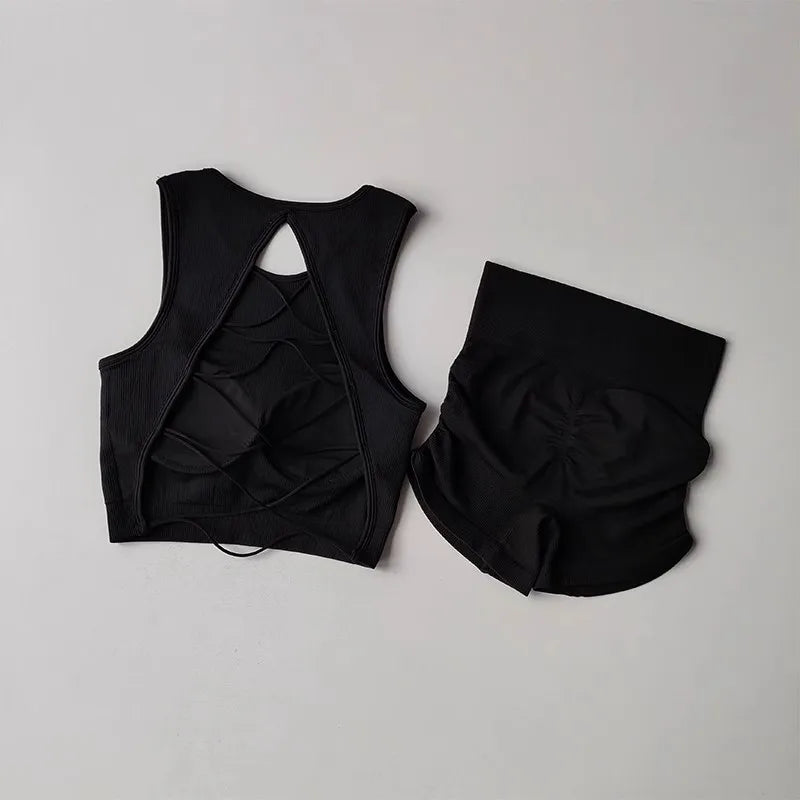 Women's Backless Cross Belt Sports Vest Yoga Exercise Fitness Suit Threaded Pleated Hip Lifting Shorts Set