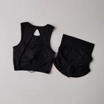 Women's Backless Cross Belt Sports Vest Yoga Exercise Fitness Suit Threaded Pleated Hip Lifting Shorts Set