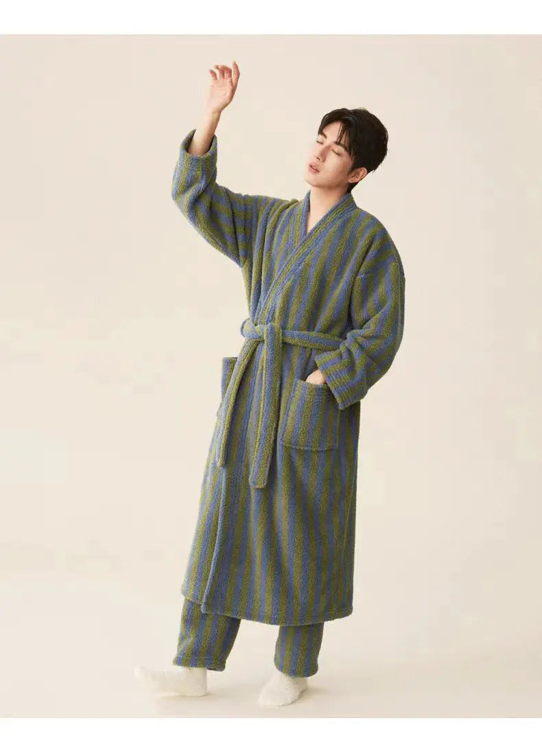 Thickened Flannel Robe Pants Pajamas Set Autumn Winter New Couple Coral Velvet Women Men Bathrobe Striped Lengthed Home Clothes