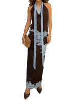 Women 2 Piece Outfits Solid Color Stylish Lace Patchwork Sleeveless Deep V Neck Satin Tops and Long Skirt Summer Suits