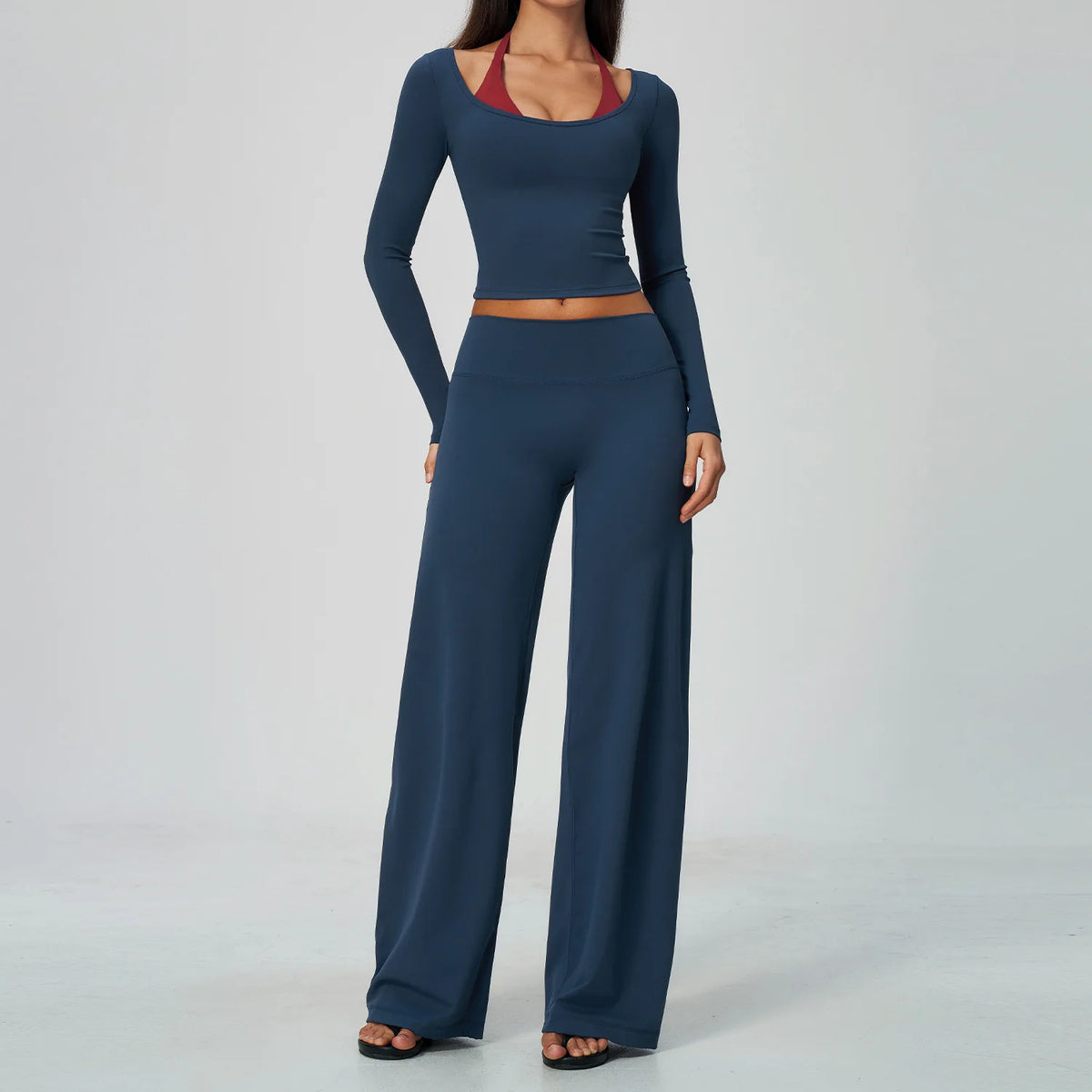 Women 2 Piece Yoga Set Gym Clothing Fitness Suit Workout Tracksuit Running Sportswear Outfits Layered Long Sleeve Wide Leg Pants