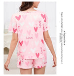 3-Piece Heart Print Pajama Women Sleepwear Home Clothes Short Sleeve Top with Shorts & Long Pants Pajamas Loungewear Short Suit