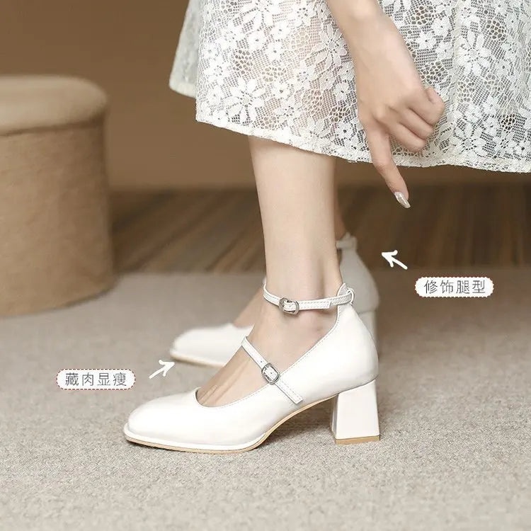 2026 New Mary Jane Shoes High Quality Leather Shoes Shallow Square Toe Womens Sandals Buckle Strap Women's Pumps