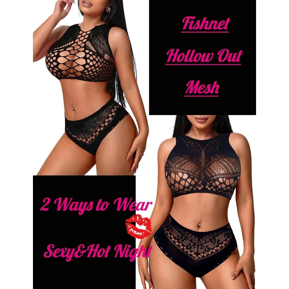 Fishnet Lingerie 2 Piece Set Hollow Out Sleeveless Crop Top And High Waist Panty Cut‑out Mesh Intimate Sleepwear Dating Outfits