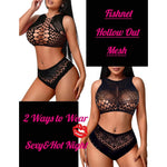 Fishnet Lingerie 2 Piece Set Hollow Out Sleeveless Crop Top And High Waist Panty Cut‑out Mesh Intimate Sleepwear Dating Outfits