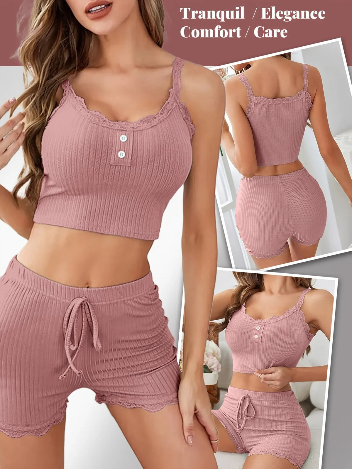 Sexy Women Summer Pajama Set Ribbed Lace Trim Backless Crop Cami Top and Shorts Slim Fit Sleepwear Nightwear Lounge Set