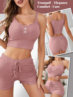Sexy Women Summer Pajama Set Ribbed Lace Trim Backless Crop Cami Top and Shorts Slim Fit Sleepwear Nightwear Lounge Set