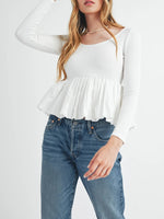 Women Long Sleeve Fall Peplum Tops Casual Solid Color Ruffled Hem Basic T-shirts Streetwear