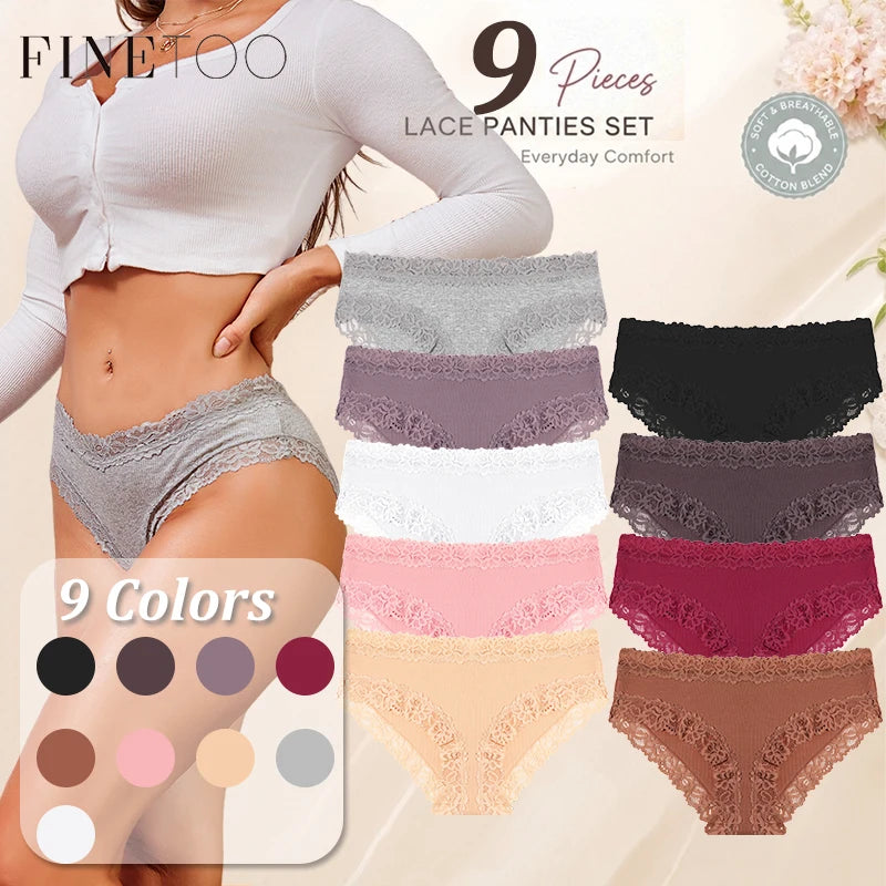 FINETOO 9Pcs/Set Women Lace Hipster Panties Cotton Briefs Soft Stretch Underwear for Ladies Mid Rise Lace Trim Briefs Breathable Multicolor Pantys No‑Show Daily Wear Women Underpants S‑XXL