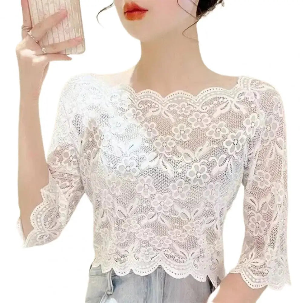 Women Summer Cropped Tops See-through Embroidery Lace Top One-word Collar Half Sleeve Blouse Pullover Tops