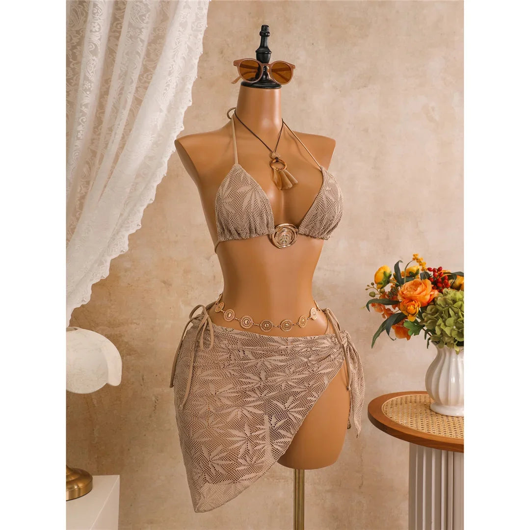 New Leaves Printed Halter Bikini Suit Female Swimsuit Women Swimwear Bather Bathing Suit Swim Three-Pieces Bikini Set