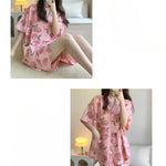 Womens Nightwear Loungewear Kimono Pajamas Student Short Sleeves Shorts Peach Print Tops and Pants Set Sleepwear Comfortable