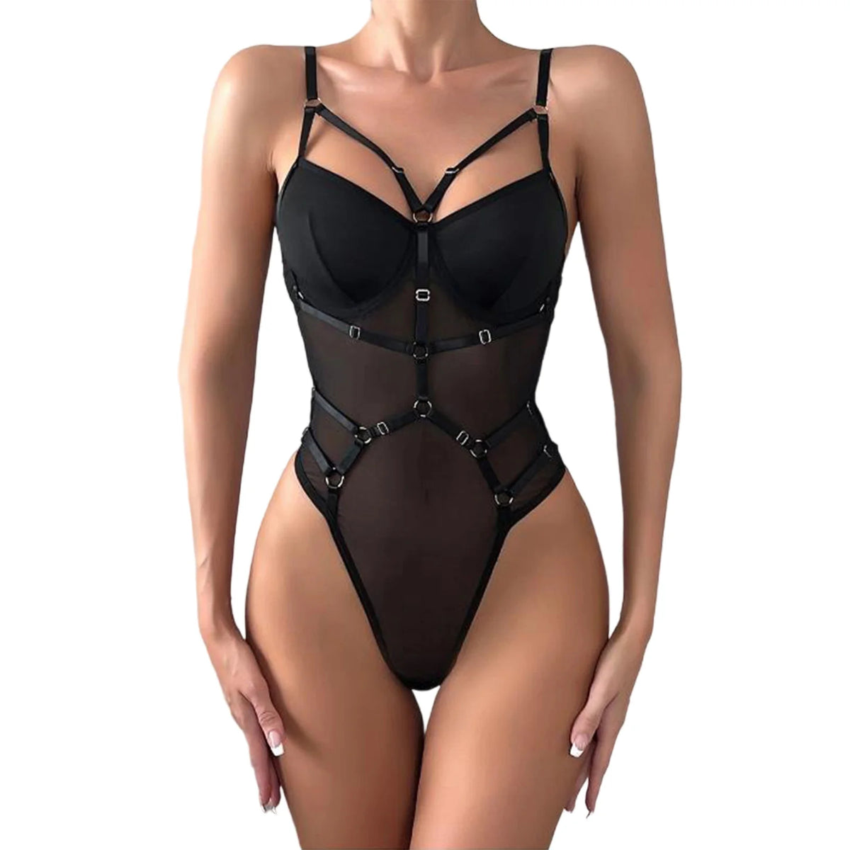 Womens Sleeveless Bodysuits Solid Color PU Leather Bandage Leotard Body Top See Through Mesh Tops