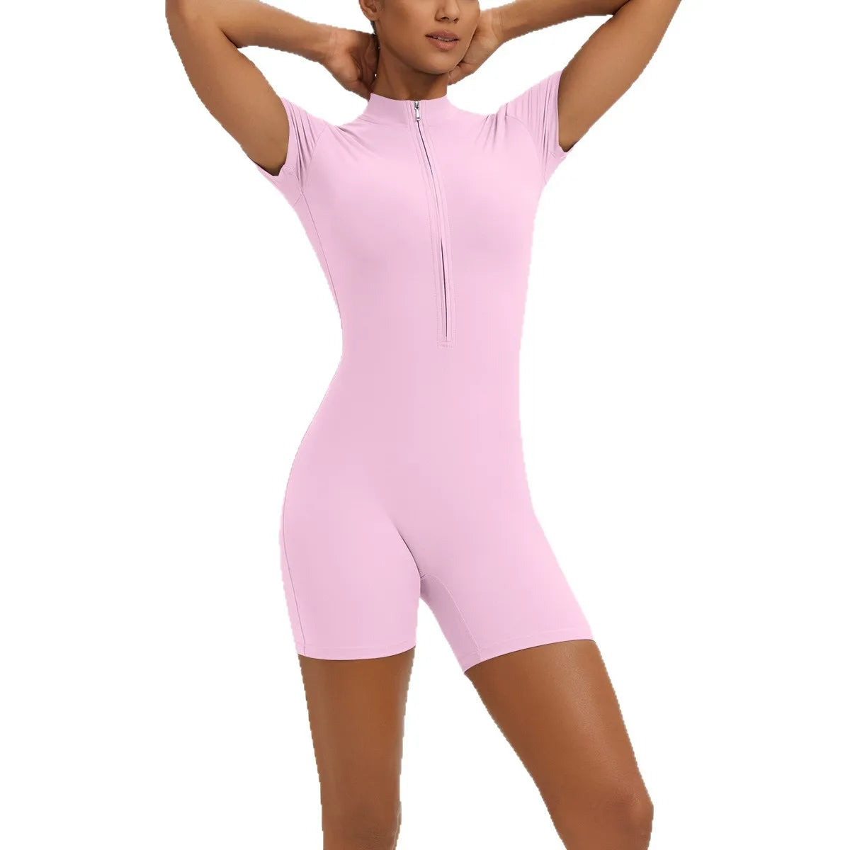 Women's Zipper Short-Sleeved Yoga Jumpsuits Sports Fitness Hip-lifting Casual Skinny Training Workout Gym Short Onesie Jumpsuits