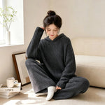 Soft Vertical Texture Loose Wearable Outside Autumn Winter Sleepwear Women Korean Lazy Style Hooded Half Velvet Pajama Set