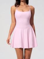 Women Tennis Dress with Shorts Pocket Square Neck Hollow Back Sleeveless One Piece Sports Outfit Fitness Pleate Mini Dresses