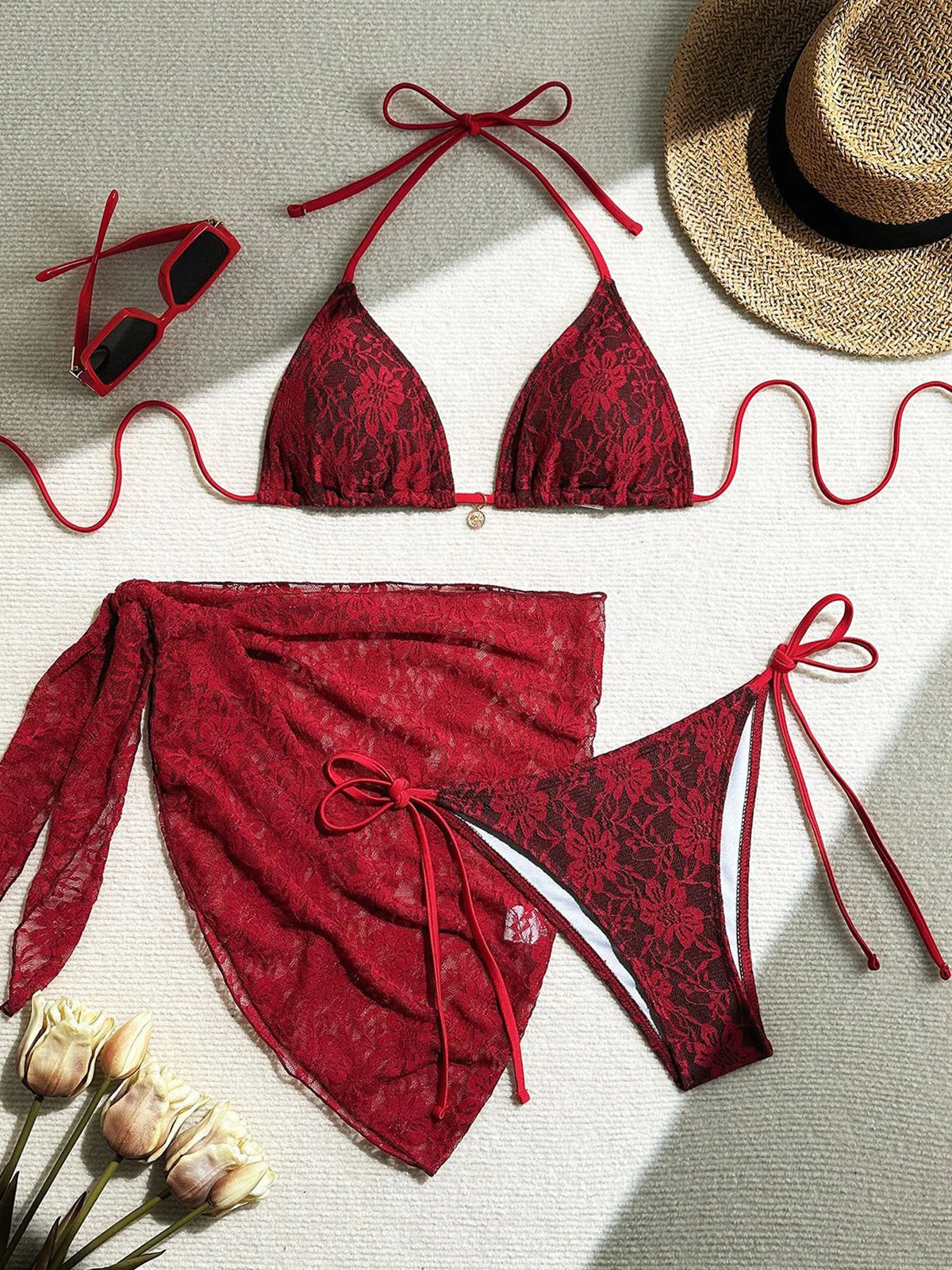 Mesh Sarong Lace Halter High Cut Bikini Female Swimsuit Women Swimwear Three-Pieces Bikini Set Bather Bathing Suit Swim V6284