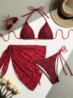 Mesh Sarong Lace Halter High Cut Bikini Female Swimsuit Women Swimwear Three-Pieces Bikini Set Bather Bathing Suit Swim V6284