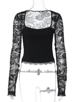 FDYOUI 2026 New Lace Patchwork Long Sleeve T-shirts for Women Square Collar See-through Slim Crop Tops White Black Tee Shirt