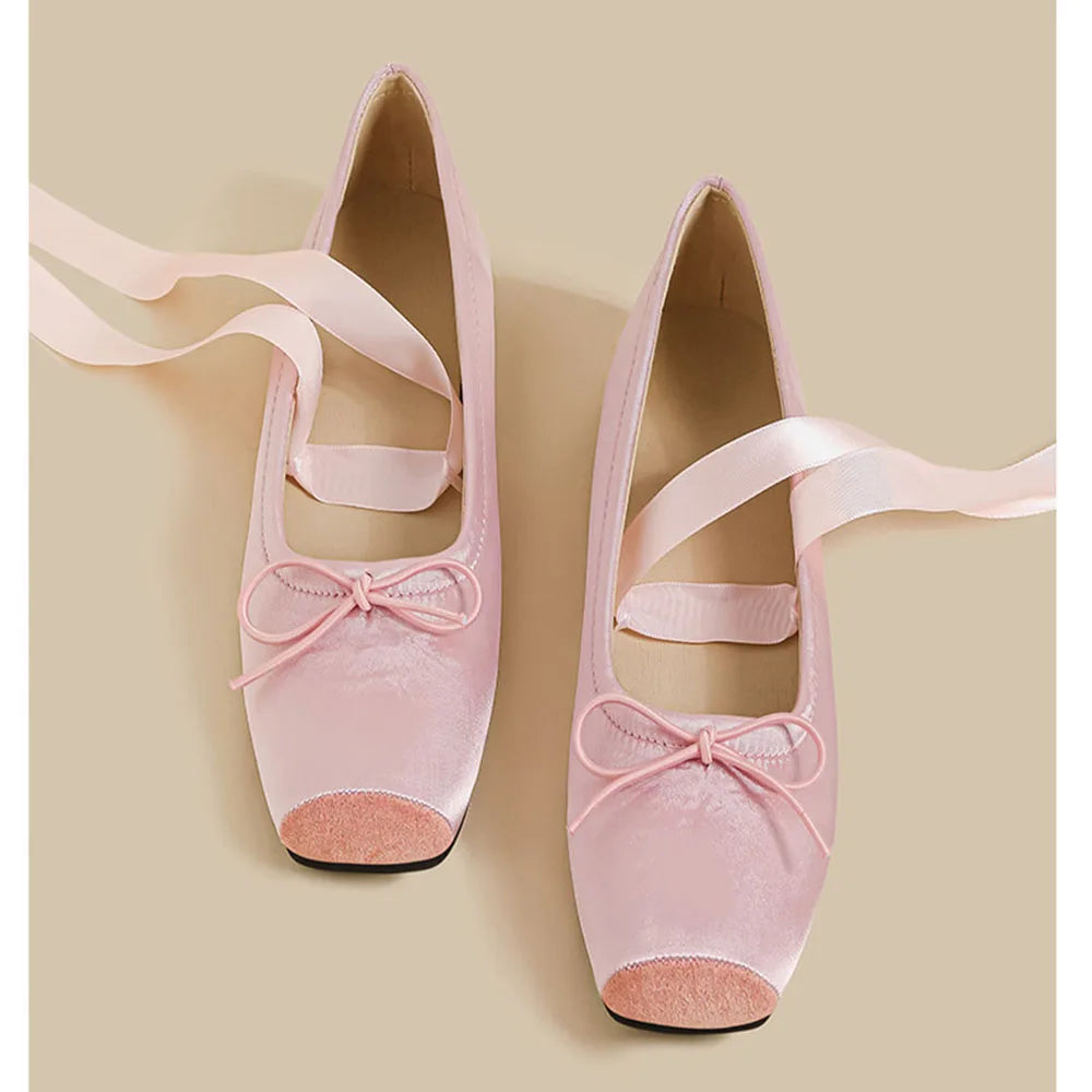 Balletcore Style Satin Lace-Up Flats for Women Black Ballerina Bow Detail Square Toe Ankle Wrap Ribbon Ballet Coquette Shoes