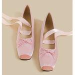 Balletcore Style Satin Lace-Up Flats for Women Black Ballerina Bow Detail Square Toe Ankle Wrap Ribbon Ballet Coquette Shoes