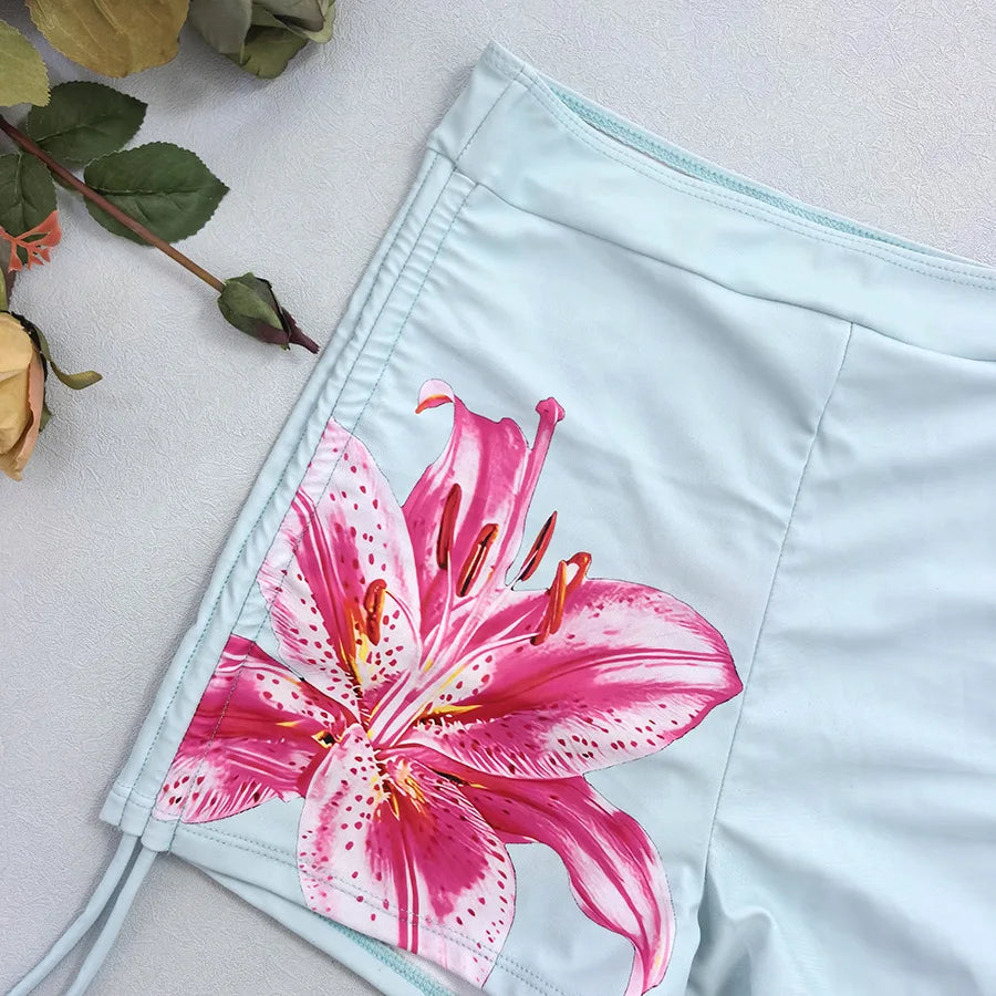 Light Blue Flower Print Swimwear Women's Bikinis Shorts and Tankinis Sexy Swimsuit Holiday Beach Wear Brazilian Bikini Femmes