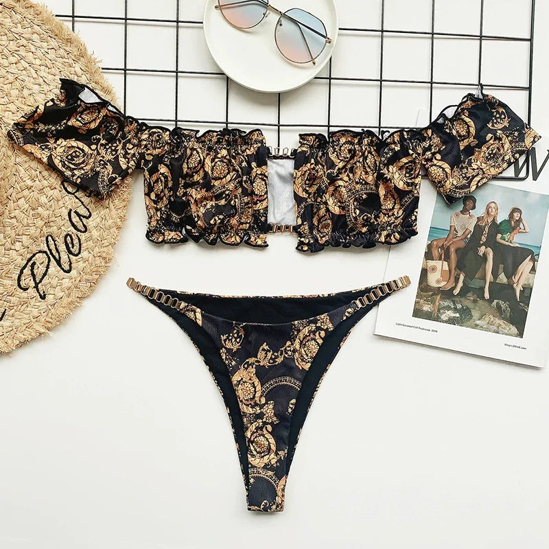 Floral Print Off Shoulder Bikini 2025 High Cut Swimsuit Women Female Brazilian Swimwear Two pieces Bikini set Bathing Suit Swim