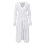 Women Casual Lightweight Floral Lace Ruffles Cover-ups Long Duster Summer Solid Color Tie Front Cardigan