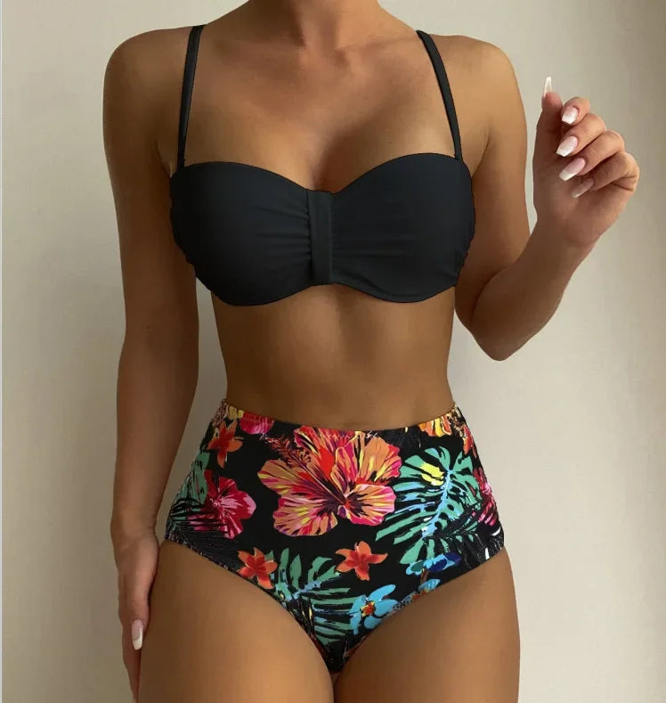 Sexy Bandeau Bikini 2025 Women Swimsuit Floral Swimwear Female High Waist Bikinis Set Swimming Bathing Suits Brazilian Biquini