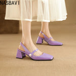 Elegant Slingback Sandals Women Summer Shoes Pink Black Silver Medium Heels Close Toe Office Party Shoes Female Large Size 45