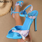 Women Bohemia Blue Floral Print High-heeled Sandals Women's Fashion Round Head Buckle Strap Sandals Wedding Party Shoes New 2026