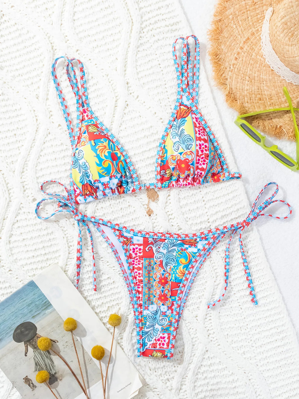 Blue Floral Print 2 Piece Micro Bikini Set for Women 2025 New Push Up Bra Thong Swimsuit Beach Bathing Suit Holiday Swimwear