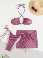 DEKA Women 3 Pieces Cross Halter Bandage Bikinis Set Skirt Swimwear High Waist Drawstring Swimsuit Summer Biquini