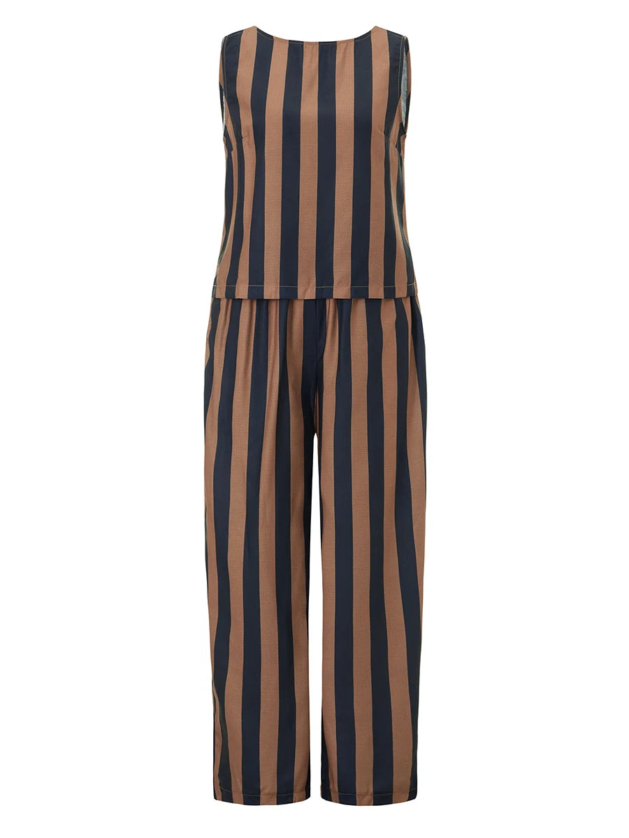Women’s 2 Piece Summer Pant Outfits Sleeveless Plaid/Stripes Print Tank Tops + Pants Set Casual Streetwear