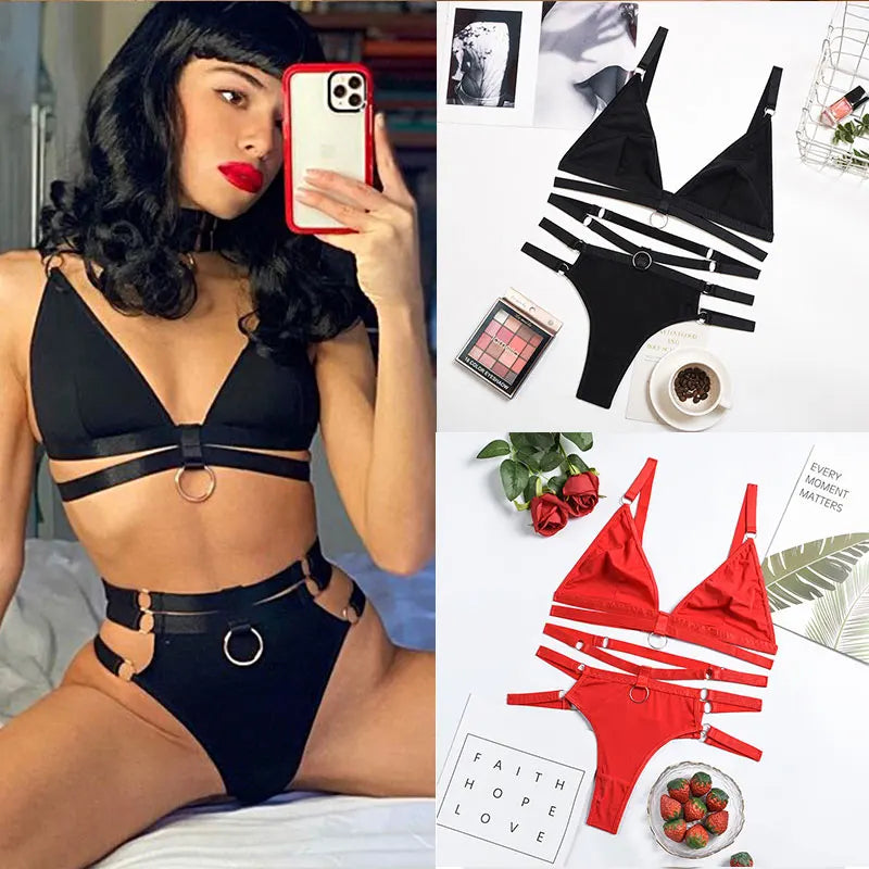 2-Piece Bra Set Women Wireless Bra + High Waisted Panty Bandage Underwear Set Ladies Ring Sexy Lingerie Set Erotic Intimates