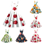 Vintage Fruit Print Dress For Women Elegant High Waist A Line Swing Dress Rockabilly 60s 50s Retro Spaghetti Strap Maxi Robe