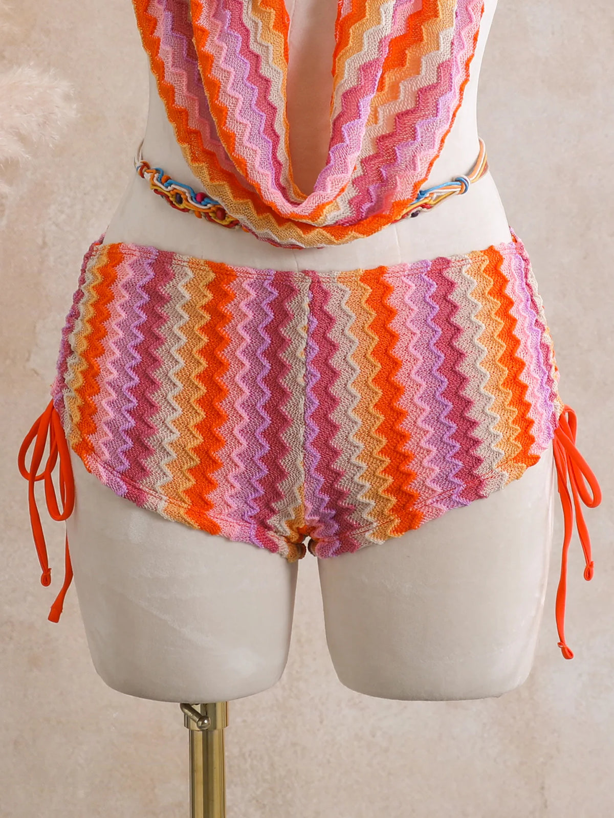 Vintage Blue Striped Knitted Cover Up 3 Piece Bikini Set 2026 Swimwear Women Push Up Bra Drawstring High Waist Shorts Swimsuit