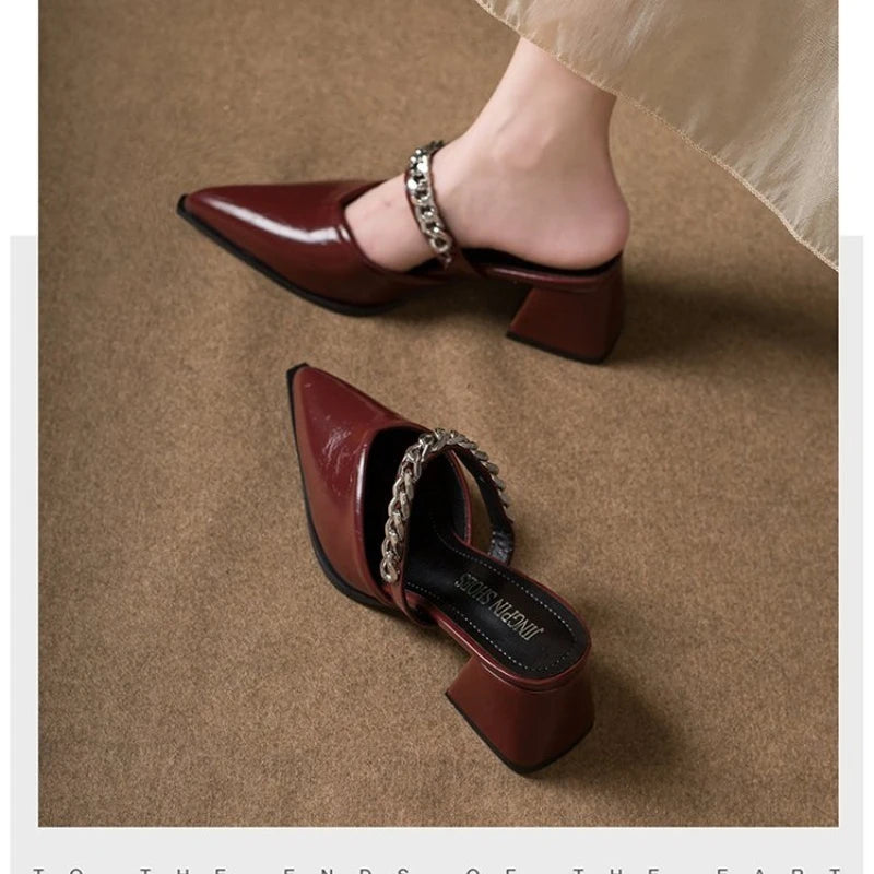 Summer New Baotou Sandals Pointed Toe Shallow Mouth Metal Chain One Slip Strap Anti-slip Outer Wear Square Heel High Heels