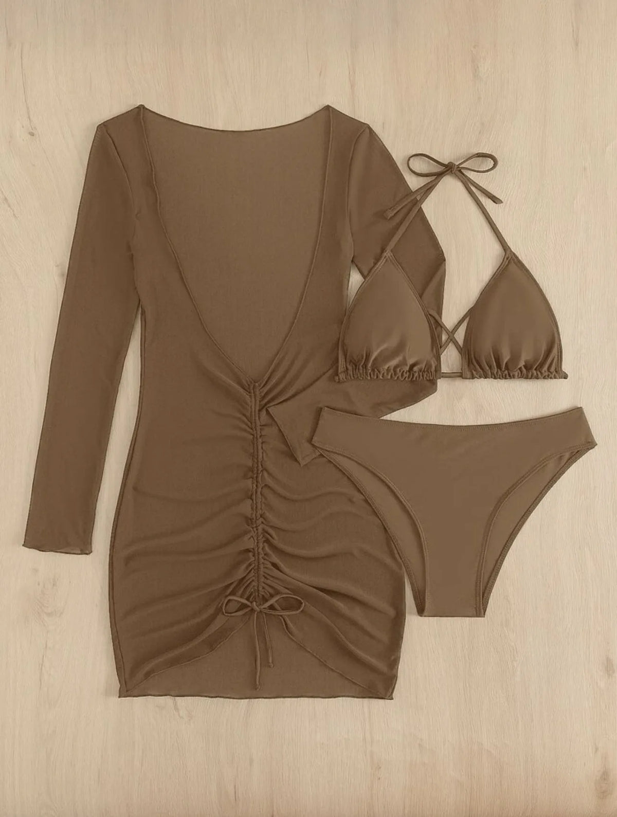 Long Sleeves Dress Bikini Set 2025 Women Neon Green Lace Up 3 Pieces Swimsuit Brazilian Bathing Suit Pleate Cover Up Swimwear