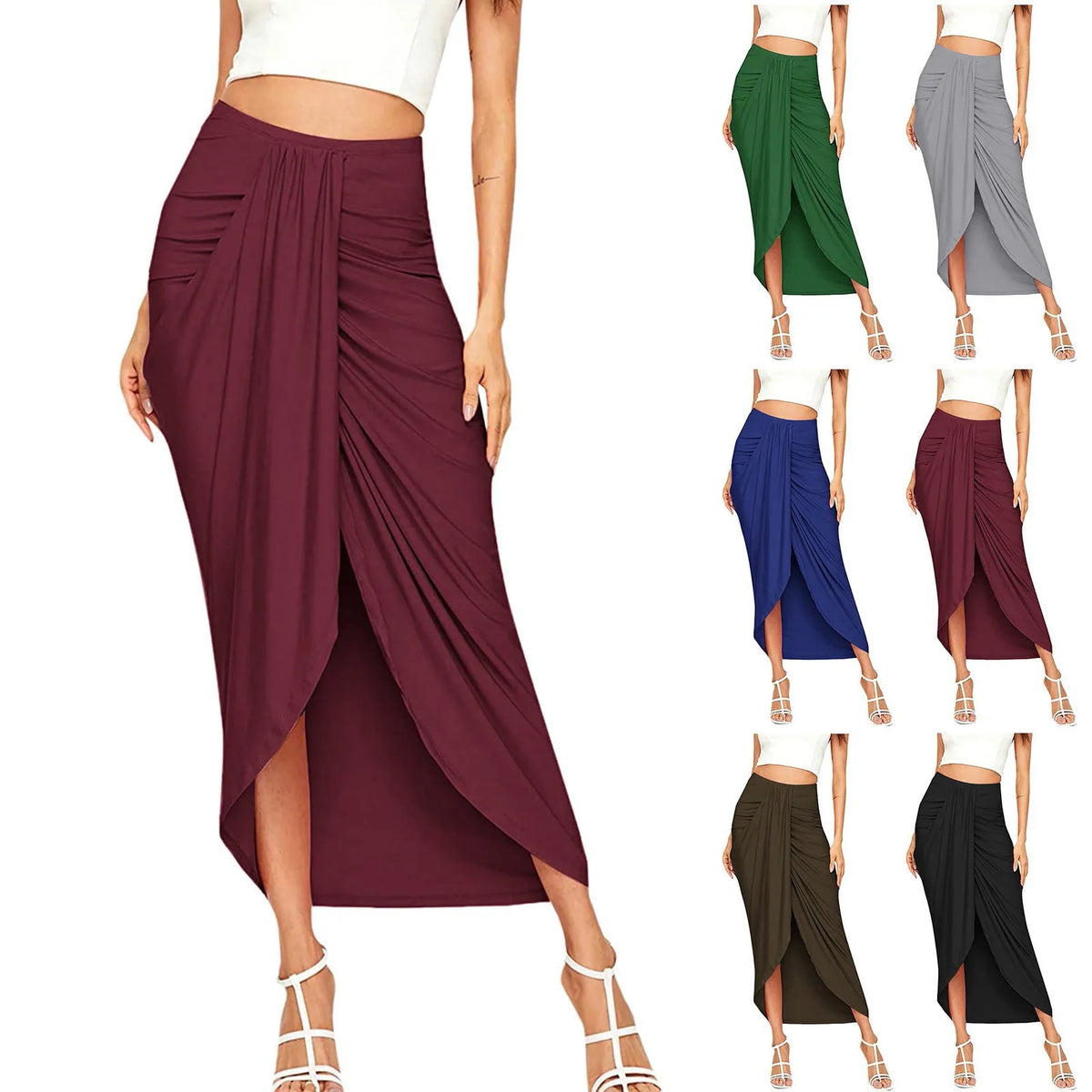 Women's High Waisted Ruched Maxi Skirt Pleated Solid Asymmetrical Split Hem Long Skirt Casual Draped Wrap Bodycon Summer Skirts