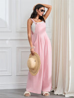 Women Fashion Jumpsuits Sleeveless Buttons Suspender Wide Leg Pant Overalls with Pockets Casual Loose Romper Streetwear