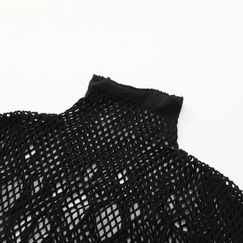 Women Sheer Mesh Long Sleeve Beach Cover Up, Sexy See-Through Fishnet Dress, Solid BodyconFor Summer Beach Party