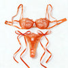 Vibrant Orange Sheer Mesh Lingerie Set Embroidery Bra With Crystal Clasp Long Ribbon Bow Tie Thong For Ladies ZA825201