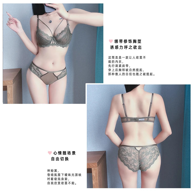 Sexy Lace Bra Set Large Breasts Ultra Thin Full Coverage Push Up Effect Big Cup Supporr Detachable Straps Pure Sensual Underwear