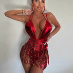 New Shiny One Piece Swimsuit Sexy White Snakeskin Print Deep V Neck Swimwear Backless Bathing Suit Sequin Tassel Skirt Monokini