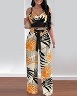 Women's Two Piece Sets Fashion Print Halter V-Neck Short Tank Suit Tops Long Pants Matching Set Summer Casual Female Slim Pants