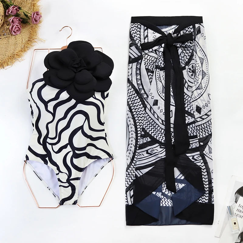 2024 Sexy Sling Ruffle Solid Two Pieces Bikini Women High Waist 3D Flower Swimsuit Skirt Summer Backless Beachwear Bathing Suit